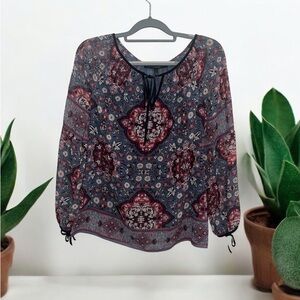White House Black Market Sienna Boho Print Blouse Womens Size 0 Sheer Blue/Pink